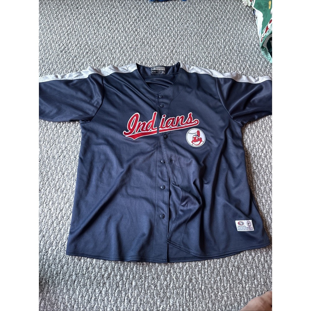 Cleveland Indians Jersey Mens‎ XXL Blue MLB Baseball True Fan Button Up Vintage